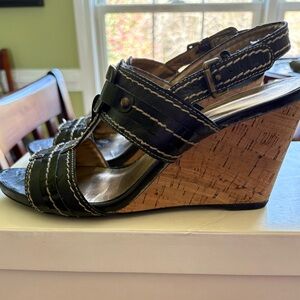 Anne Klein Black Wedge Sandals with Cork Heel